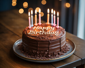 Chocolate birthday cake with lit candles and bokeh lights