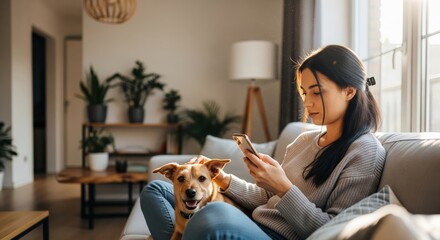 A young woman relaxes on a comfortable sofa in a sunlit living room petting her happy dog while browsing on her smartphone enjoying a quiet afternoon at home