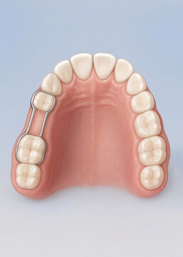 Upper jaw space maintainer dental appliance illustration, pediatric orthodontic treatment diagram, fixed metal band device on molars, realistic 3d rendering of teeth and gums, oral health concept art