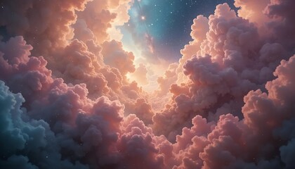 Fantasy universe scene with vibrant gaseous clouds, shimmering stardust.