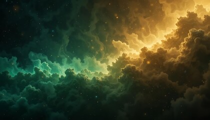 Obraz premium Deep space fantasy, golden and emerald nebula patterns with dust trails, ultra high detail.