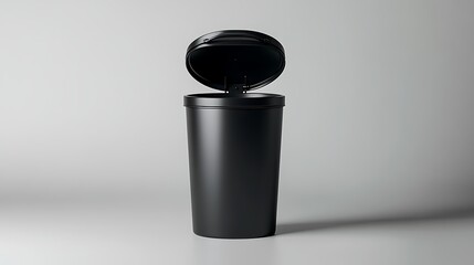 Open Black Cylindrical Trash Can With Swing Lid Against a Neutral Background Studio Lighting