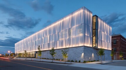 Modern architectural marvel glows with illuminated facade at dusk, showcasing sleek design and innovation.