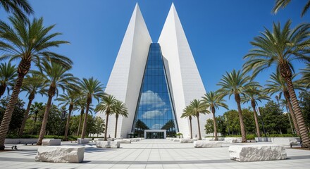 Stunning Architectural Masterpiece with Unique Geometric Design and Tropical Palm Trees Under a Clear Blue Sky