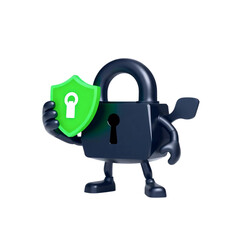 Obraz premium black padlock character holding green shield for cybersecurity, antivirus, and safe browsing themes