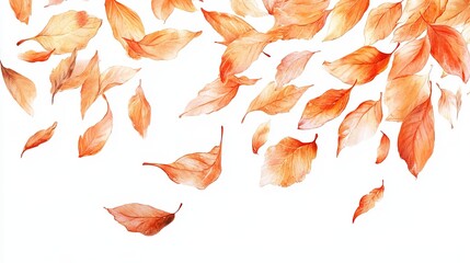 Watercolor painting of falling autumn leaves in shades of orange and brown against a white background