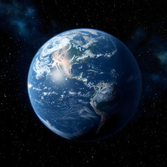 Obraz premium Stunning view of planet Earth from space with bright sun glinting off oceans and swirling clouds against a starry cosmos