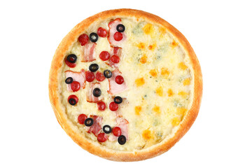 Half-and-half pizza with one side topped with bacon, olives, and pepperoni, and the other side covered in a four-cheese blend.