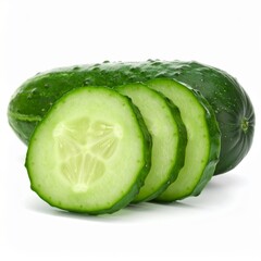 Fresh cucumber, whole and sliced, on white background