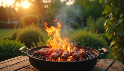 Barbecue grill with food cooking over flames on rustic wooden table. Outdoor backyard setting with green nature, sunlight and smoke. Perfect for summer picnics, family gatherings, and outdoor dining.