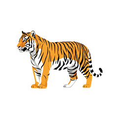 A detailed illustration of a majestic tiger standing, showcasing its distinctive orange and black stripes.