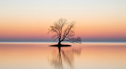 A solitary tree stands resilient on a small island surrounded by calm water reflecting the soft hues of the sunset sky creating a serene and tranquil atmosphere