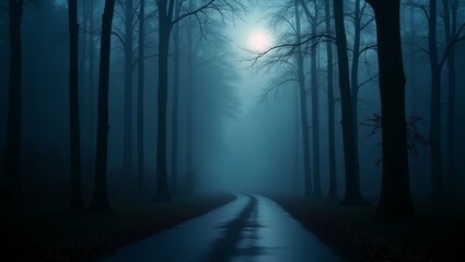 Obraz premium Moonlit Foggy Road Surrounded by Tall Trees at Night