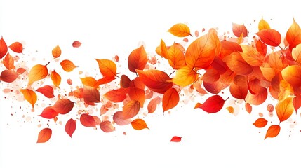 A wave of vibrant red and orange autumn leaves floats across a white background, creating a dynamic and colorful autumnal scene