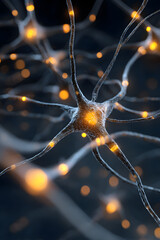 Close-up of synthetic neuron with glowing synapses. Abstract representation of neural connections, brain or AI technology
