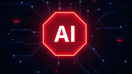 Red stop sign with the letters AI, symbolizing the dangers and ethical concerns of artificial intelligence. Concept of AI regulation, risks, and stopping development.