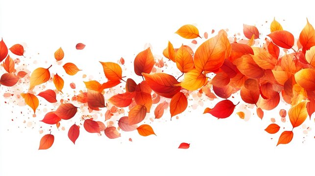 A wave of vibrant red and orange autumn leaves floats across a white background, creating a dynamic and colorful autumnal scene - Powered by Adobe