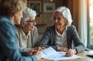 Elderly couple consults financial adviser about retirement investments, planning future. Discussing documents, mortgage, debt, wealth, security, savings strategy, portfolio growth, income, liquidity