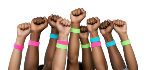 Empowering unity action diverse hands raised together community event celebrating inclusion bright colors uplifting viewpoint. Cut out png