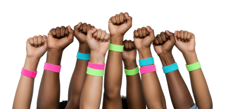 Empowering unity action diverse hands raised together community event celebrating inclusion bright colors uplifting viewpoint. Cut out png