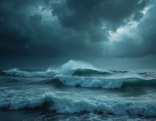 Massive ocean waves crash under a dark, stormy sky with lightning illuminating the turbulent sea. Powerful natural forces create white foam and spray, evoking a sense of awe and immense beauty.