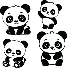 Cute cartoon baby panda illustrations, sitting and standing poses, black and white vector art, adorable animal clipart for kids designs