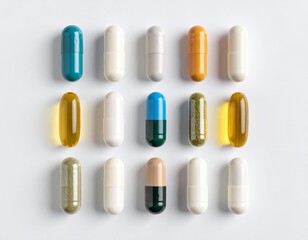 Assorted capsules arranged in a grid pattern on a white background.  Various colors and textures