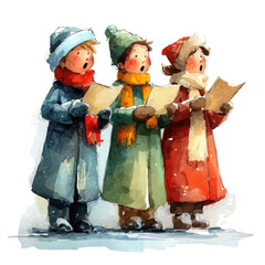 Christmas Carolers in watercolor style, vector illustration, isolated on white background.