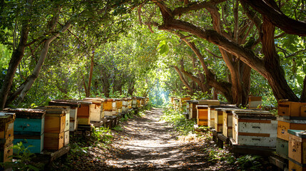 Rows of beehives brimming with honeycombs under a sunlit tree canopy. A pathway winds between them, strewn with busy bees.