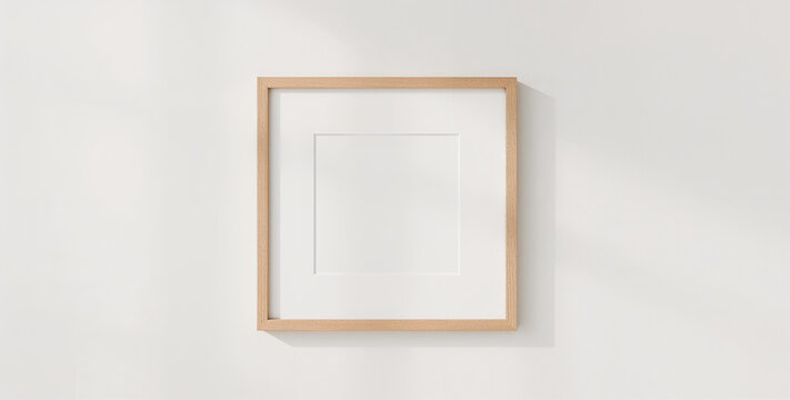 Square wooden frame mockup hanging on a white wall, perfect for showcasing your artwork or photography, creating a modern and minimalist interior design element isolated on white background mockup