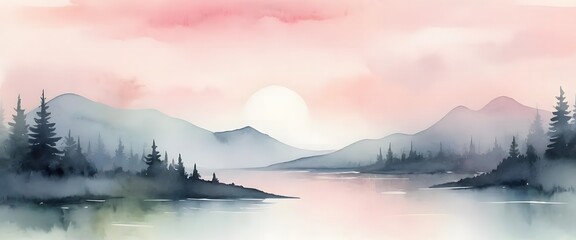 Serene Watercolor Landscape: Misty Mountains, Lake, and Soft Pink Sky at Sunrise