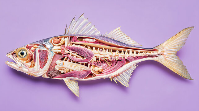 Intricate Fish Anatomy Model with Bone Structure Muscles and Organs Displayed on a Solid Purple Background