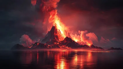 Poster Reflectie Erupting volcano with glowing lava and smoke reflected in calm water at night.  © axalaimaxala