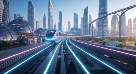 Obraz premium Futuristic city with a modern train, showcasing the urban skyline, innovative architecture, and technological advancements in a vibrant scene of transportation and development