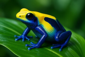 Obraz premium Vibrant blue and yellow poison dart frog sitting on green leaf with soft light and nature background, creative tropical wildlife concept. Ai generative