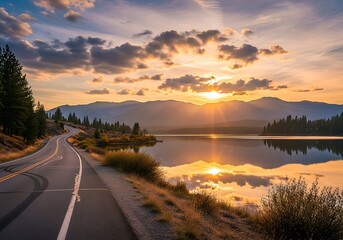 Sunset Over Mountain Lake with Winding Road and Reflections.