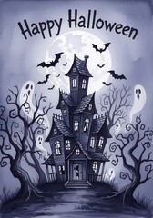 Spooky haunted house with bats and ghosts under a full moon Happy Halloween