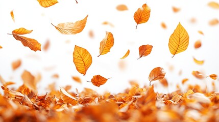 Golden autumn leaves dance and swirl in the air, creating a vibrant, seasonal scene.  A carpet of fallen leaves covers the ground