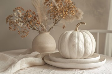 White pumpkin autumn table setting decor