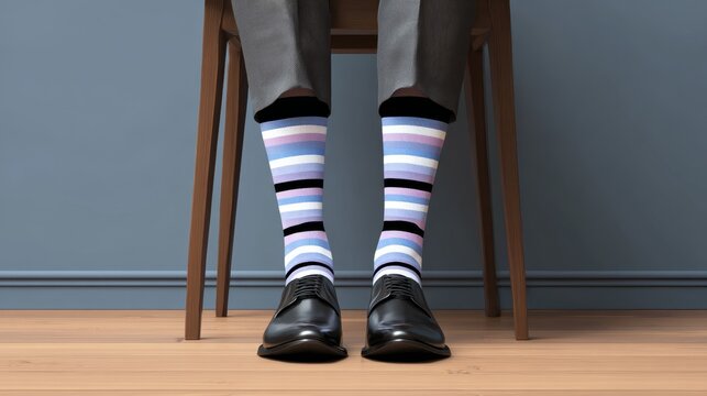 Man in dress shoes wearing colorful striped socks sitting on wooden chair.