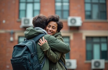 Student joyfully embraces parents outside college dorm. Warm reunion hug conveys deep affection, connection before departure. Sentimental moment captures bittersweet emotions of leaving home for