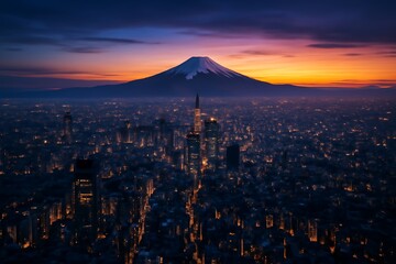 Majestic mount fuji looms over a sprawling tokyo cityscape at vibrant sunset twilight