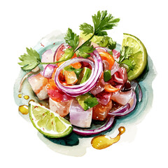 Ceviche, watercolor painting, vector illustration, isolated on a white background.