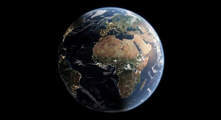 Stunning view of Earth from space showcasing Africa, Europe, and city lights at night