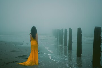 Woman in yellow dress foggy beach