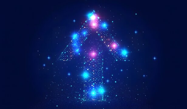 Abstract arrow pointing upward on a blue background with glowing lines and dots, suggesting a technology or digital development concept.