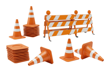 Road safety event with traffic cones and barriers urban construction site collection clear environment aerial safety awareness. Cut out png