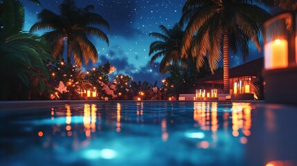 Obraz premium tropical poolside resort with Palm trees and candlelight Under Starlit Sky create relaxing atmosphere