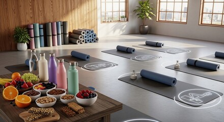 Augmented Reality Yoga Class with Healthy Refreshments in a Sunlit Studio
