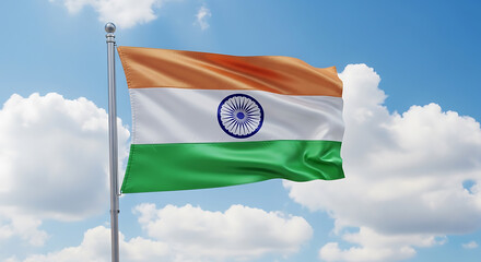 Vibrant Indian National Flag Waving Proudly Against Cloudy Sky